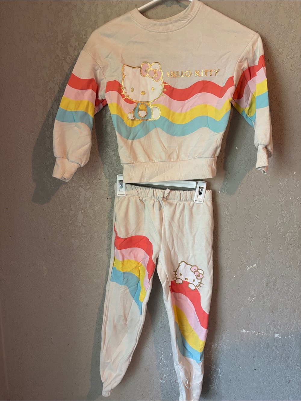 Hello Kitty Cream Pajama Set with Rainbow Stripes
